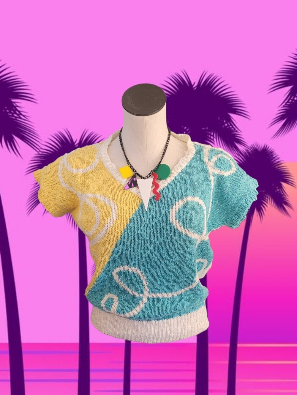 Colorblock Turquoise & Yellow Knit Short-Sleeve Sweater